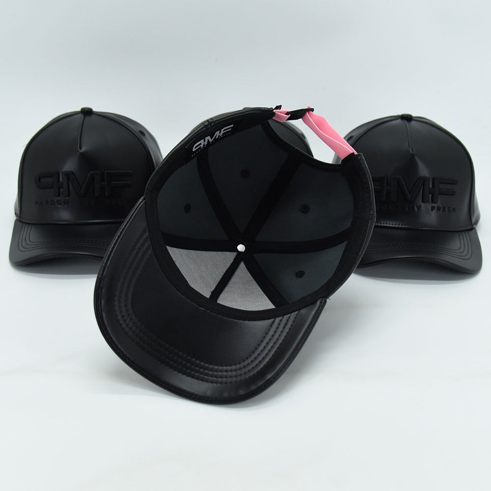 "Why Pink?" - Black Leather Cap w/ Pink Strapback