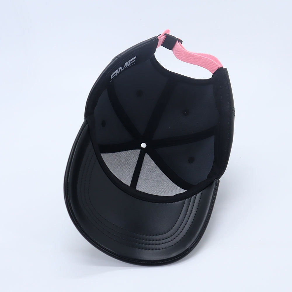 "Why Pink?" - Black Leather Cap w/ Pink Strapback